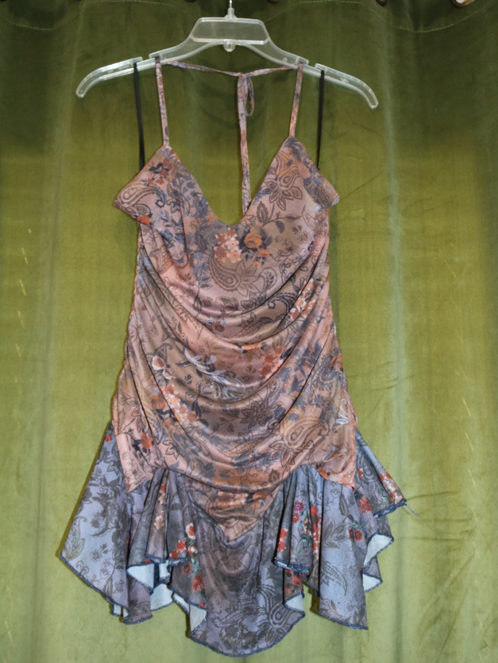 Floral Paisley Draped Slip Mini Dress in Dusty Rose and Slate